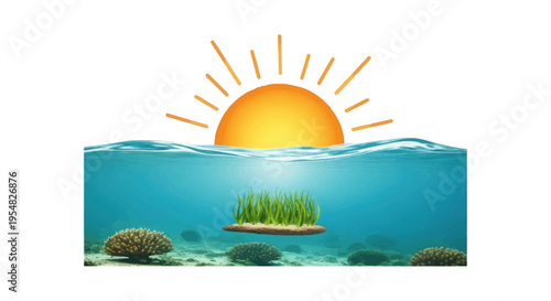 Underwater Island with Green Grass and a Rising Sun.