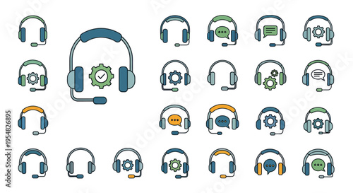 Colorful hand-drawn doodle icons of customer service headsets with microphones and support symbols.