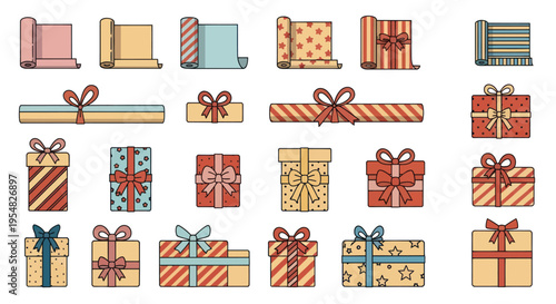 Hand-drawn collection of colorful gift boxes and patterned wrapping paper rolls.