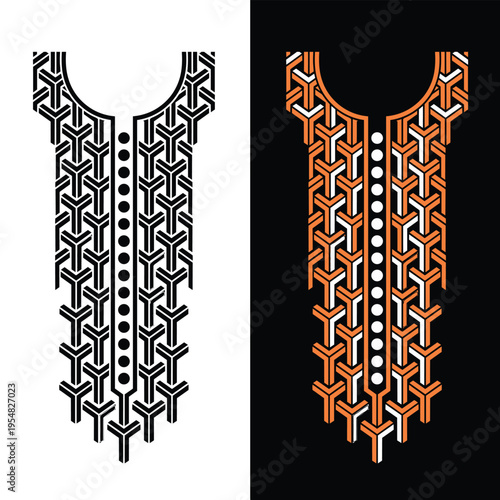 Geometric neck embroidery design featuring a repeating t-shape pattern on split background color