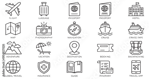 Travel and Tourism Line Icon Set Pack. Editable Vector Art Illustration. featuring more travel, journey, trip, holiday, adventure, explore, discover, global, world, tourist, tourism, vacation Icons.