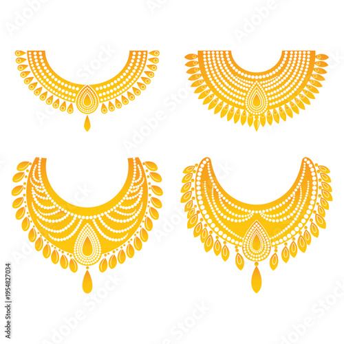 A collection of four intricate golden necklace designs featuring traditional indian jewelry patterns
