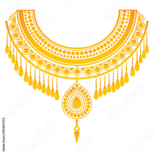 An intricate golden necklace design featuring geometric patterns and elegant hanging teardrop beads