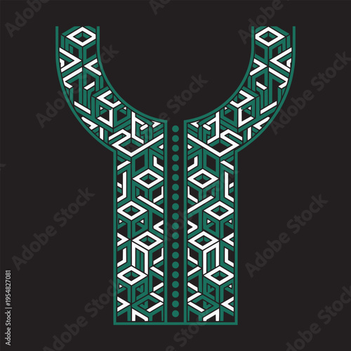 Geometric teal and white neck embroidery design for ethnic apparel on a solid black background