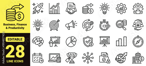 Business, finance, and productivity icon set featuring growth charts, innovation symbols, financial tools, teamwork, analytics, security, and high‑ranking corporate elements in modern