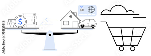Budgeting, financial management, e-commerce, economic balance, digital transactions, investment planning. Money and house on scales, digital cart icon. Budgeting and financial management concept
