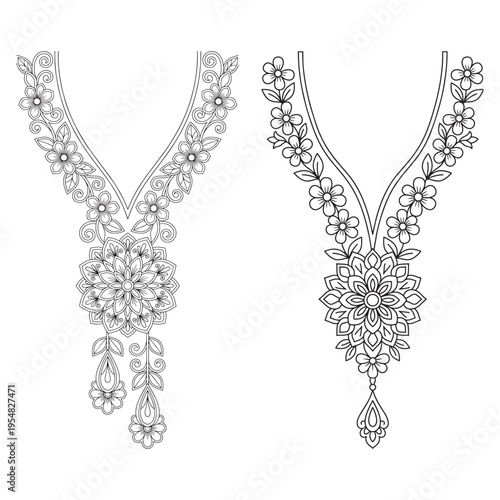 Two decorative floral neckline embroidery designs featuring mandalas for clothing embellishment