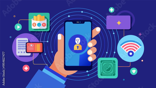 Flat illustration of hand holding smartphone with digital wallet, security and connectivity icons.