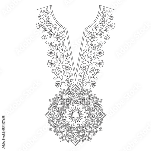Black and white floral neckline design with a circular mandala motif for clothing embroidery art