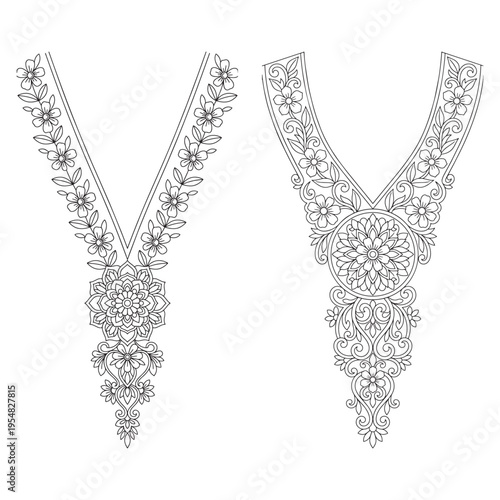 Two decorative v-neckline embroidery designs featuring intricate floral patterns and mandala motifs