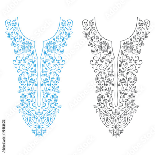 Two decorative rhinestone neck designs featuring intricate floral and paisley patterns for apparel