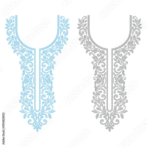 Two decorative floral neck designs for clothing embroidery created with small blue and grey dots