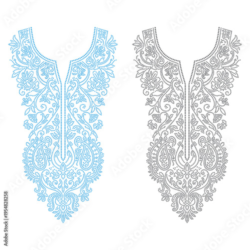 Two decorative neckline designs featuring intricate floral and paisley patterns made of dots