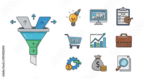 A colorful collection of modern business and marketing line icons including a sales funnel analytics and finance symbols.