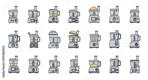 Illustrated kitchen food processors collection for cooking.