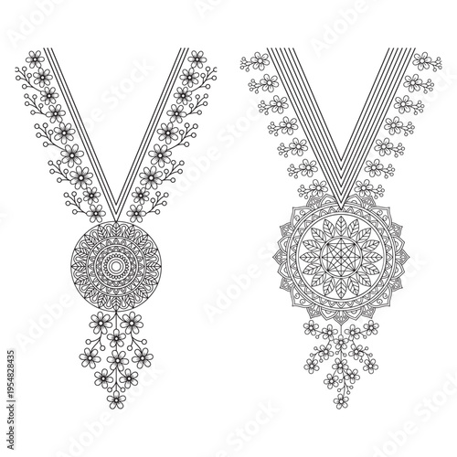 Two decorative floral neckline embroidery patterns for garment design in black and white lines
