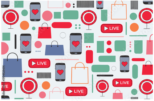 Live social shopping seamless pattern with ring light, shopping bag, smartphone with heart, live button. Social media influencer marketing. Vector illustration for banner
