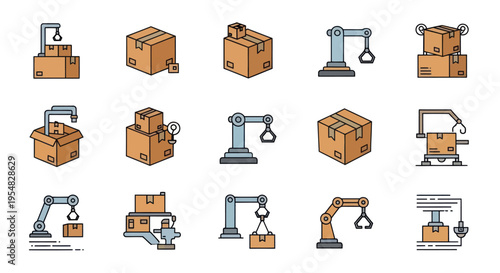 Cartoon Illustrations of Cardboard Boxes and Industrial Cranes.