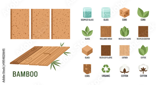 Collection of Bamboo and Natural Material Icons and Samples.