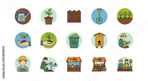 Set of Gardening and Farming Icons in Flat Design Style.