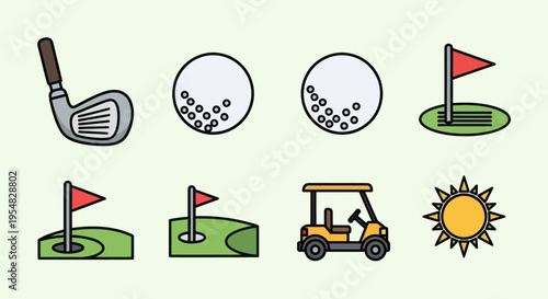 Collection of Golf Equipment and Elements for Sports Recreation.