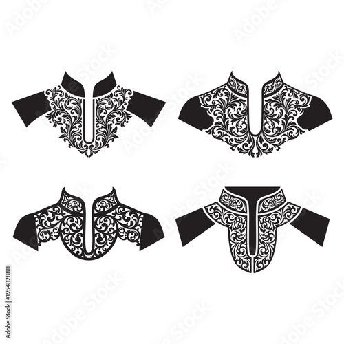 A collection of four elegant black and white floral embroidery designs for traditional necklines