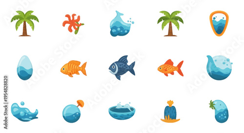 Colorful collection of summer and ocean-themed icons with palm trees fish and water elements.