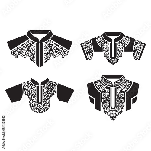 Set of four elegant black and white vector illustrations featuring ornate decorative shirt necklines