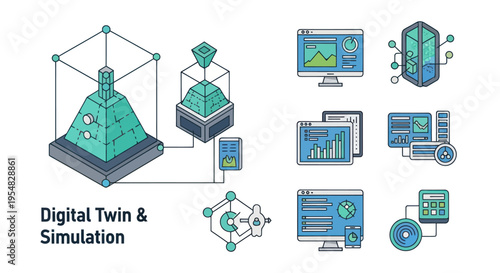 Digital Twin and Simulation Concept Icons Set for Industrial Technology and Data Analysis.
