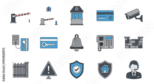 Collection of security system and home protection icons including barriers cameras alarms and shields.