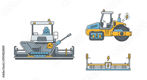 Cartoon Road Construction Heavy Machinery Set: Asphalt Paver Road Roller and Grader Illustration.