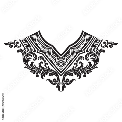 Black and white decorative tribal embroidery design for a v-neckline garment or clothing apparel