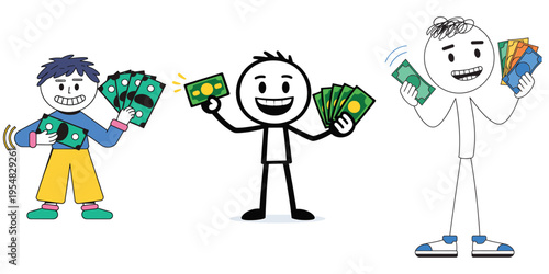 Cartoon characters showing different emotional reactions while holding stacks of money and bills isolated illustration