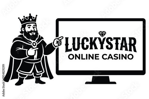 Cartoon illustration of a cheerful king character pointing at an online casino screen with a diamond logo isolated design