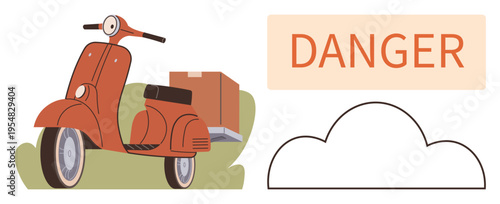 Delivery safety, transportation issues, risk awareness, logistics challenges, warning messages, urban mobility. Red scooter with a box and danger sign. Delivery safety and transportation issues