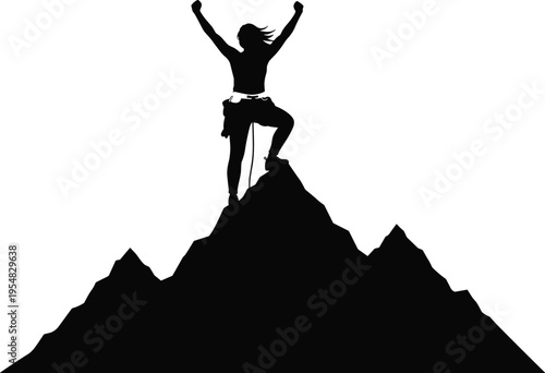 A victorious climber reaching the mountain peak silhouette with raised arms celebrating success and achievement in outdoor adventure rock climbing and extreme sports