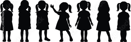 Black silhouette collection of seven little girls in dresses with different hairstyles like pigtails and ponytails standing and waving on white background (24 words)