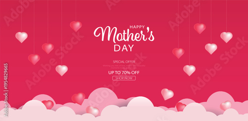 Realistic red 3D hanging heart with cloud background for mother's day banner. Mother's day minimal scene for sale, promotional post. Vector illustration design.