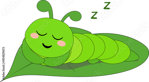 Vector illustration of a stump of a caterpillar sleeping on a green leaf