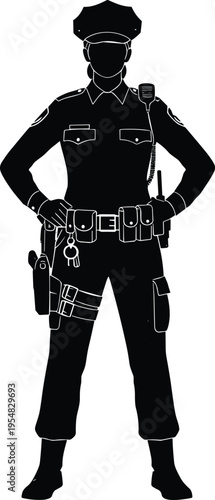 Black silhouette of a female police officer in full uniform with tactical gear duty belt radio and holster standing isolated on white background