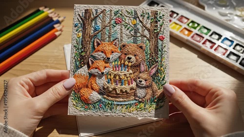 Woman holding handmade birthday card with forest animals