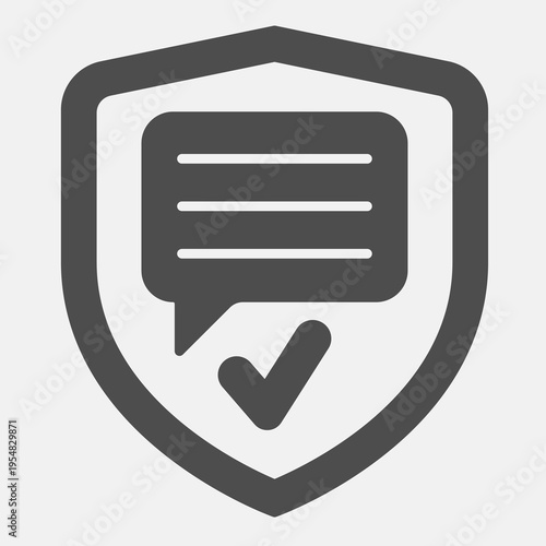 Text and consent in shield solid icon, democracy day concept. Vector graphics. Bubble emblem with checkmark sign and editable stroke, glyph style icon for mobile or web design.
