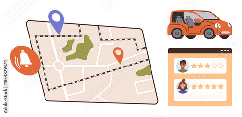 Ride-hailing, navigation apps, carpooling, user feedback, urban mobility, geolocation technology. Map with location markers, car and user rating interface. Ride-hailing and navigation apps concept