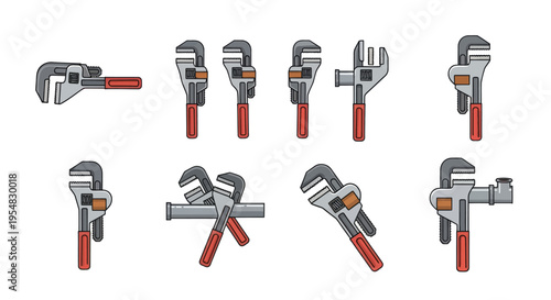 Collection of Various Adjustable Pipe Wrenches with Red Handles.