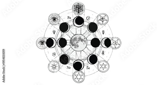  Mystical Moon Phases Diagram with Sacred Geometry and Alchemical Symbols