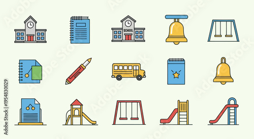 Colorful collection of school and education icons featuring a school bus playground and supplies.
