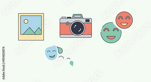 Creative media and emotion icons set with a camera picture emojis and theatrical masks.