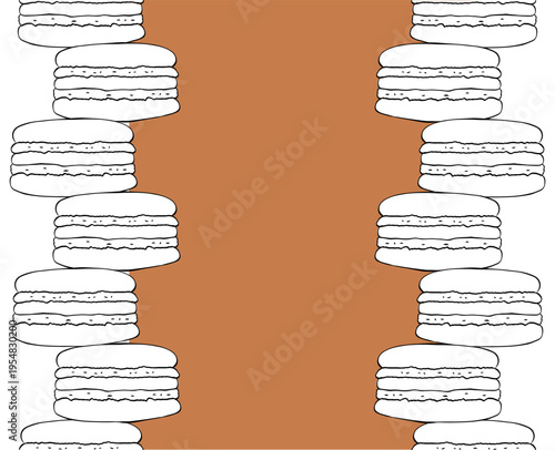 Macarons silhouette Seamless vertical border Frame template Cafe hand drawn illustration. Vector graphic Black and white line ink art. for package, holiday design, fabric and textile.