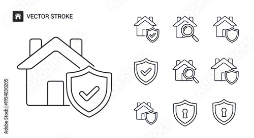 Simple Line Art House Icon with Shield and Checkmark.