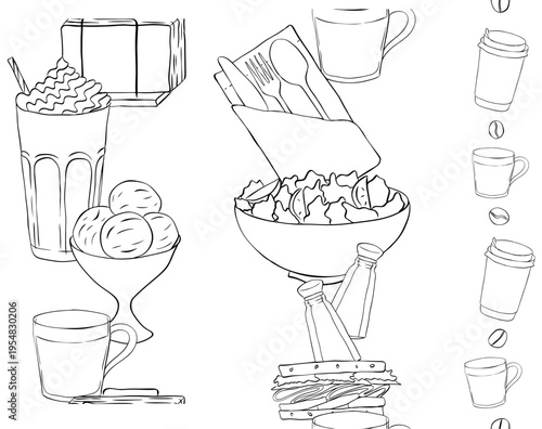 coffee cafe sweets Seamless vertical border set hand drawn illustration. Vector graphic Black and white line ink art. For poster, invitation, backdrop, ad, sale promotion, print for t-shirt